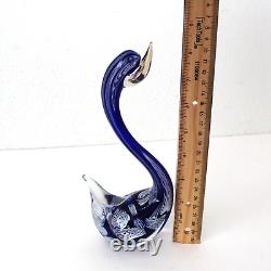 Murano Hand Blown Latticino Glass Cobalt Blue & White Ribbon Swan Figurine 8.5