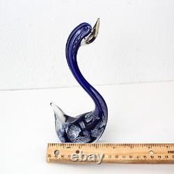 Murano Hand Blown Latticino Glass Cobalt Blue & White Ribbon Swan Figurine 8.5