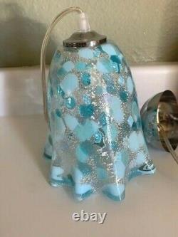 Murano Hand blown Glass Pendant Light Ruffle Light Blue Turquoise & White NEW