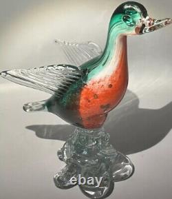 Murano Hand blown Venetian Glass Duck In Crimson Emerald And Gold Vtg 6 Tall