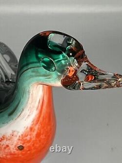 Murano Hand blown Venetian Glass Duck In Crimson Emerald And Gold Vtg 6 Tall