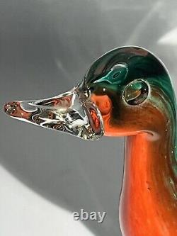 Murano Hand blown Venetian Glass Duck In Crimson Emerald And Gold Vtg 6 Tall