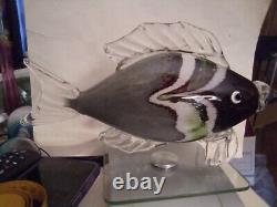 Murano/Heavy 12 Hand blown Art Glass Fish Figurine Gray/Dark Brown/White/Green