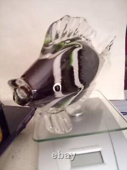 Murano/Heavy 12 Hand blown Art Glass Fish Figurine Gray/Dark Brown/White/Green