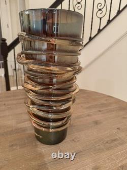 Murano Iridescent Amber Copper Swirl Vase Art Glass Hand Blown 16 1/2 11 Pound