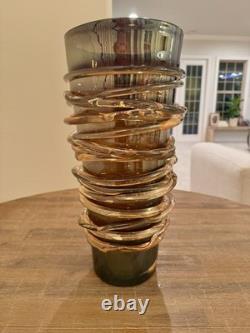 Murano Iridescent Amber Copper Swirl Vase Art Glass Hand Blown 16 1/2 11 Pound