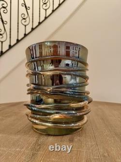 Murano Iridescent Amber Copper Swirl Vase Art Glass Hand Blown 8x9.5 10 Pounds