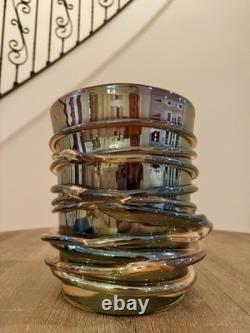 Murano Iridescent Amber Copper Swirl Vase Art Glass Hand Blown 8x9.5 10 Pounds