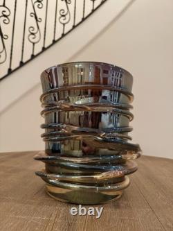 Murano Iridescent Amber Copper Swirl Vase Art Glass Hand Blown 8x9.5 10 Pounds