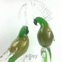 Murano Italian Art Glass Green Cockatoo Parrot Birds Set of 2