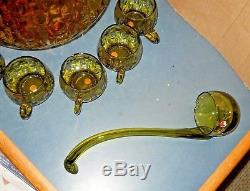 Murano Italy 1960's Hand Blown Glass Green Punch Bowl Set 12 Cups Ladle Marked