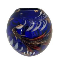 Murano Italy Art Glass Vase Cobalt Blue Red Gold Tone Mid-Century Modern MCM 8