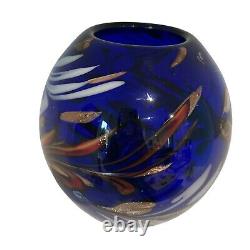 Murano Italy Art Glass Vase Cobalt Blue Red Gold Tone Mid-Century Modern MCM 8