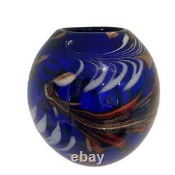 Murano Italy Art Glass Vase Cobalt Blue Red Gold Tone Mid-Century Modern MCM 8