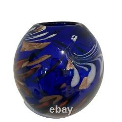 Murano Italy Art Glass Vase Cobalt Blue Red Gold Tone Mid-Century Modern MCM 8