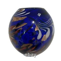 Murano Italy Art Glass Vase Cobalt Blue Red Gold Tone Mid-Century Modern MCM 8