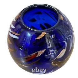 Murano Italy Art Glass Vase Cobalt Blue Red Gold Tone Mid-Century Modern MCM 8