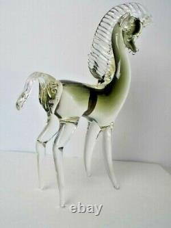 Murano Italy Glass Horse Hand Blown Clear Smokey Green Marked 10 1/4in/26cm High