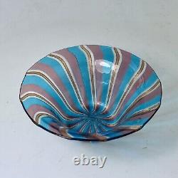 Murano Italy Hand Blown Art Glass Bowl Blue Pink Gold Stripes Vintage MCM