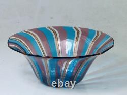 Murano Italy Hand Blown Art Glass Bowl Blue Pink Gold Stripes Vintage MCM