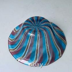 Murano Italy Hand Blown Art Glass Bowl Blue Pink Gold Stripes Vintage MCM