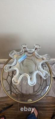 Murano Italy Hand Blown Art Glass White Swirl Handkerchief Ruffled Vase 14