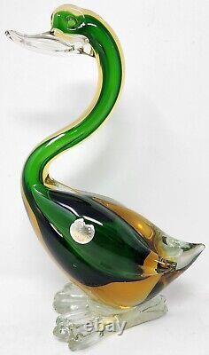 Murano Italy Hand Blown Venetian Glass 8.5 Swan Duck Amber Teal Green LOVELY
