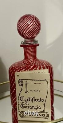 Murano, Italy VTG Hand Blown by Maestro Mellara, Luigi Red Striped Glass Bottle