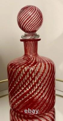 Murano, Italy VTG Hand Blown by Maestro Mellara, Luigi Red Striped Glass Bottle