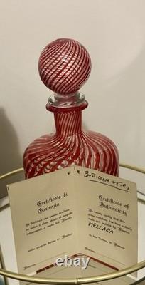 Murano, Italy VTG Hand Blown by Maestro Mellara, Luigi Red Striped Glass Bottle