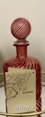 Murano, Italy VTG Hand Blown by Maestro Mellara, Luigi Red Striped Glass Bottle