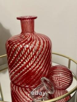 Murano, Italy VTG Hand Blown by Maestro Mellara, Luigi Red Striped Glass Bottle