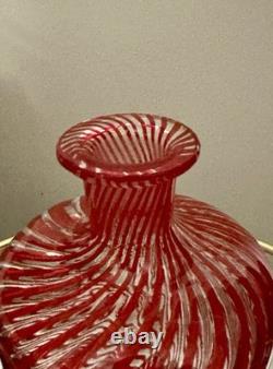 Murano, Italy VTG Hand Blown by Maestro Mellara, Luigi Red Striped Glass Bottle