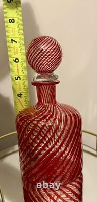 Murano, Italy VTG Hand Blown by Maestro Mellara, Luigi Red Striped Glass Bottle