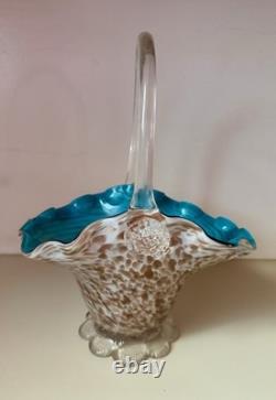 Murano Italy Venetian Hand Blown Glass Decorative Basket with Handle Blue