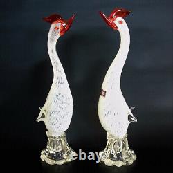 Murano Italy WHITE BIRD PAIR Venetian Art Glass Geese Rooster Egret LG FIGURINES