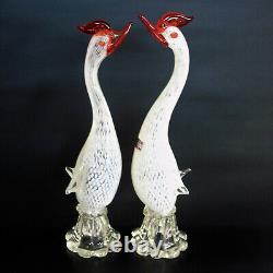 Murano Italy WHITE BIRD PAIR Venetian Art Glass Geese Rooster Egret LG FIGURINES