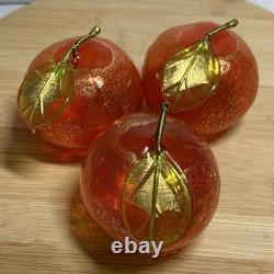 Murano Italy art glass hand blown red orange fruit figurine withgold flecks set 3