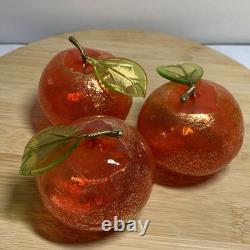 Murano Italy art glass hand blown red orange fruit figurine withgold flecks set 3