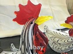 Murano Large 10 Heavy Art Glass Rooster, Hen and Peep Family in Black and White