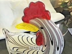 Murano Large 10 Heavy Art Glass Rooster, Hen and Peep Family in Black and White