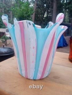 Murano Latticino Blue & Pink Ribbon Glass Handkerchief Vase Italy Hand Blown