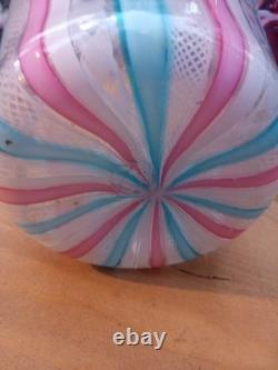 Murano Latticino Blue & Pink Ribbon Glass Handkerchief Vase Italy Hand Blown