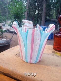 Murano Latticino Blue & Pink Ribbon Glass Handkerchief Vase Italy Hand Blown