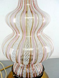 Murano Latticino Hand Blown Ribbon Art Glass Lamp Pink Gold White Spiral 24 Vtg