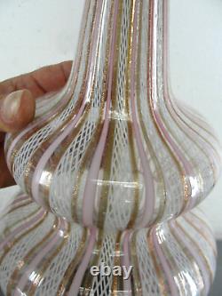 Murano Latticino Hand Blown Ribbon Art Glass Lamp Pink Gold White Spiral 24 Vtg