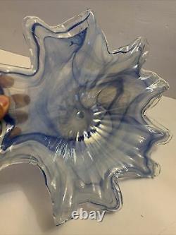 Murano Lavorazione Arte Glass Bowl Blue Swirl Italy Large Hand Blown Vintage 14