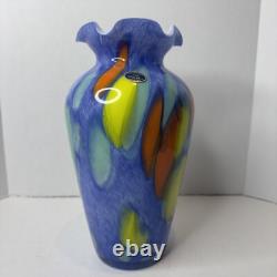 Murano Lavorazione Hand Blown Ruffle Vase Blue Yellow Orange Arte Made Italy MCM