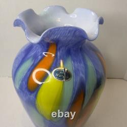Murano Lavorazione Hand Blown Ruffle Vase Blue Yellow Orange Arte Made Italy MCM