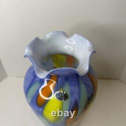 Murano Lavorazione Hand Blown Ruffle Vase Blue Yellow Orange Arte Made Italy MCM